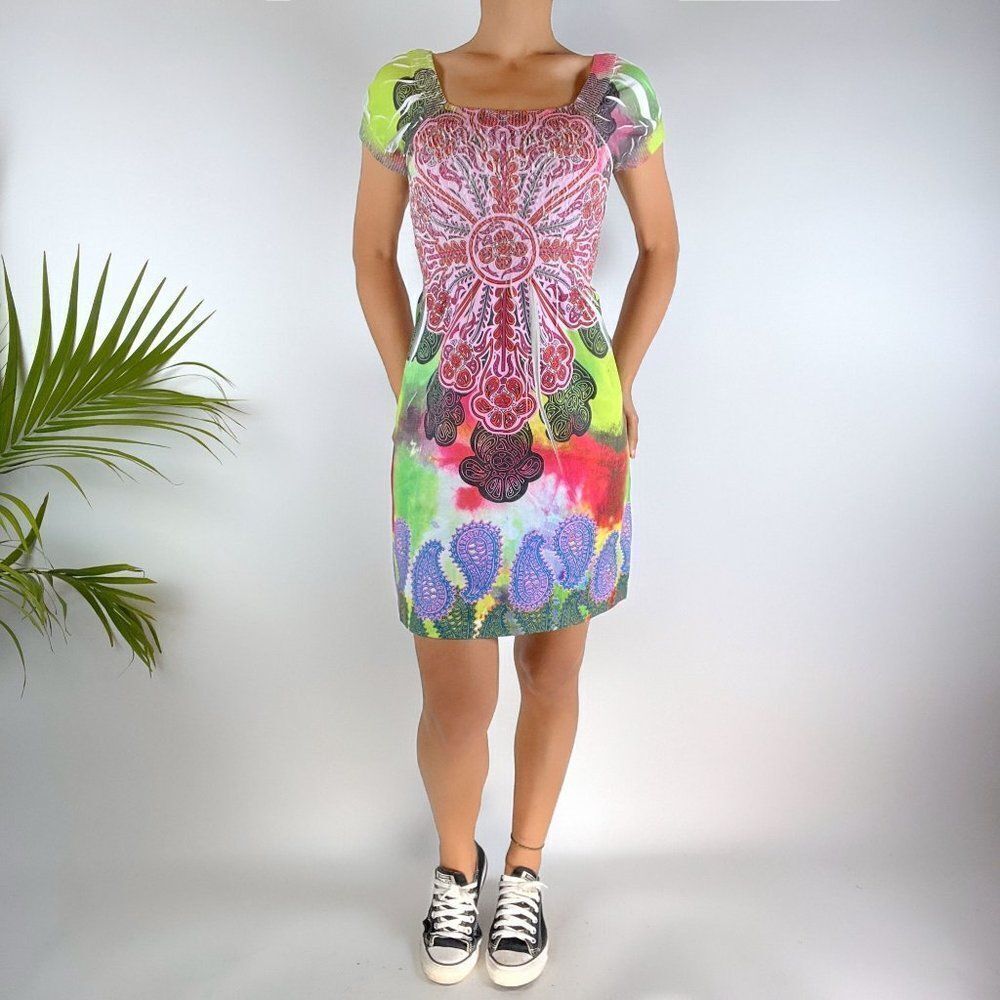 Vintage Y2K Boho Hippie Trippy Paisly Colors Mini Dress / Size: XS